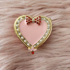 Gold and Pink Heart-Shaped Trinket Jewelry Box Rhinestone Accents